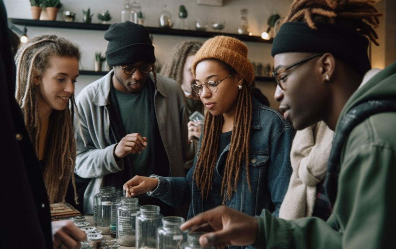 three friends gathered around a display of cannabis flower, choosing what to buy.