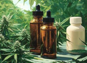cannabis tinctures in small glass bottles surrounded by cannabis leaves