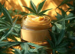A jar of cannabis topical cream in a clear jar sitting on a table surrounded by cannabis leaves.
