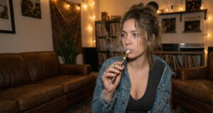 A young woman sitting in her room, lit by sting lights, enjoying a premium cannabis vaporizer.