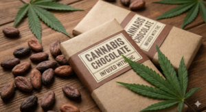 two wrapped bars of cannabis chocolate laying on a table surrounded by cocoa beans and cannabis leaves.