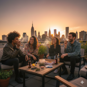four friends enjoying time together on an NYC rooftop with food and weed.
