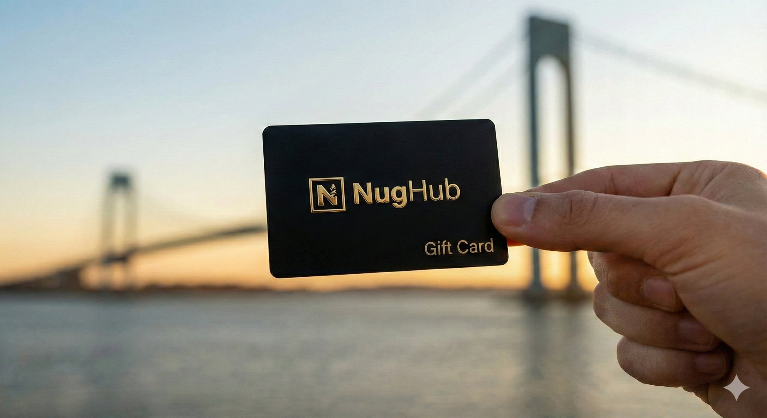 A hand holding a NugHub gift card in front of the Verrazano Bridge just before sunset