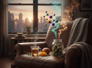 A comfy over-stuffed chair in front of a window with a city view. A jar of cannabis emitting blue and orang smoke, a mug of tea, and a mango are sitting on the chair.