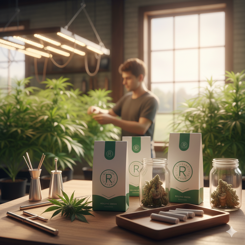 A man tending to his cannabis plants behind a table with cannabis products.