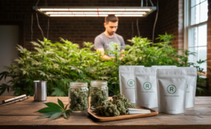 A man tending to cannabis plants in a grow room. A table in front has jars of flower and bags wit the rolling green logo on it.