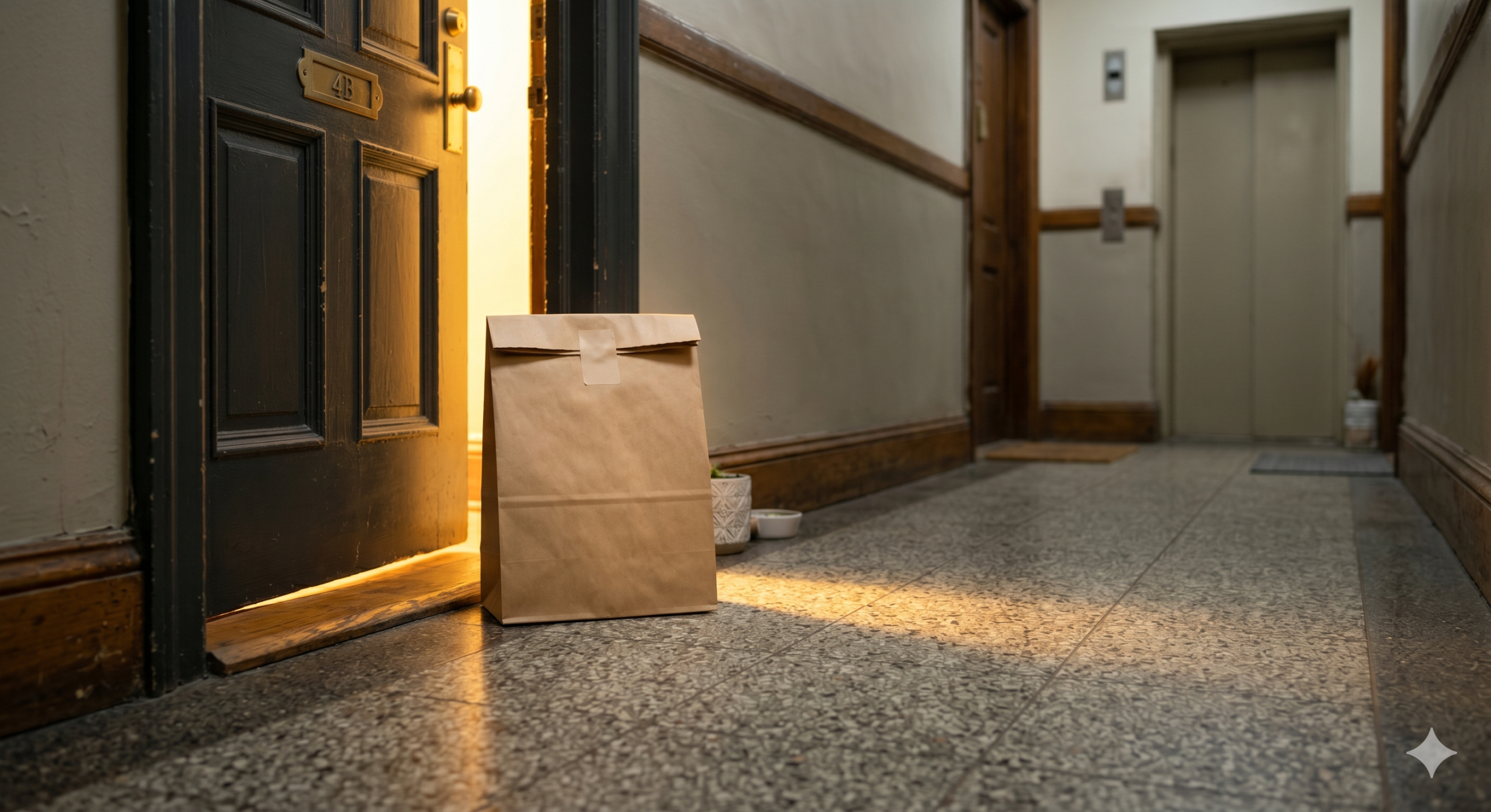 A sealed cannabis delivery bag sitting on an NYC apartment doorstep, clean professional packaging, warm doorway light spilling onto the bag in a residential hallway.
