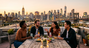 Four friends sitting on a NY city patio, enjoying some food and cannabis infused drinks.