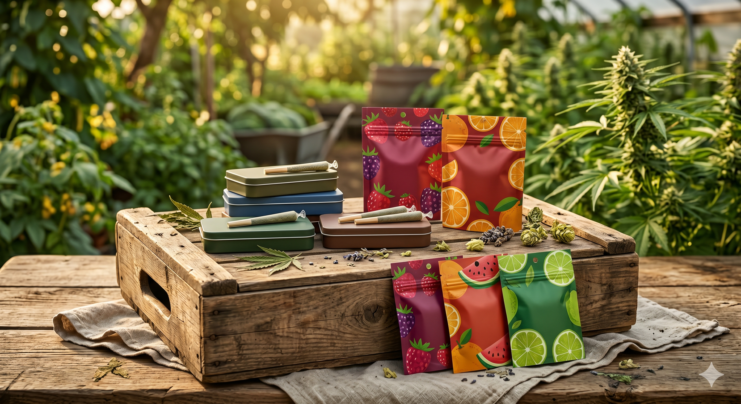 Cannabis pre-roll tins and colorful gummy packs arranged on a wooden farm crate, lush green plants in background, warm golden natural light, sustainable farm aesthetic,