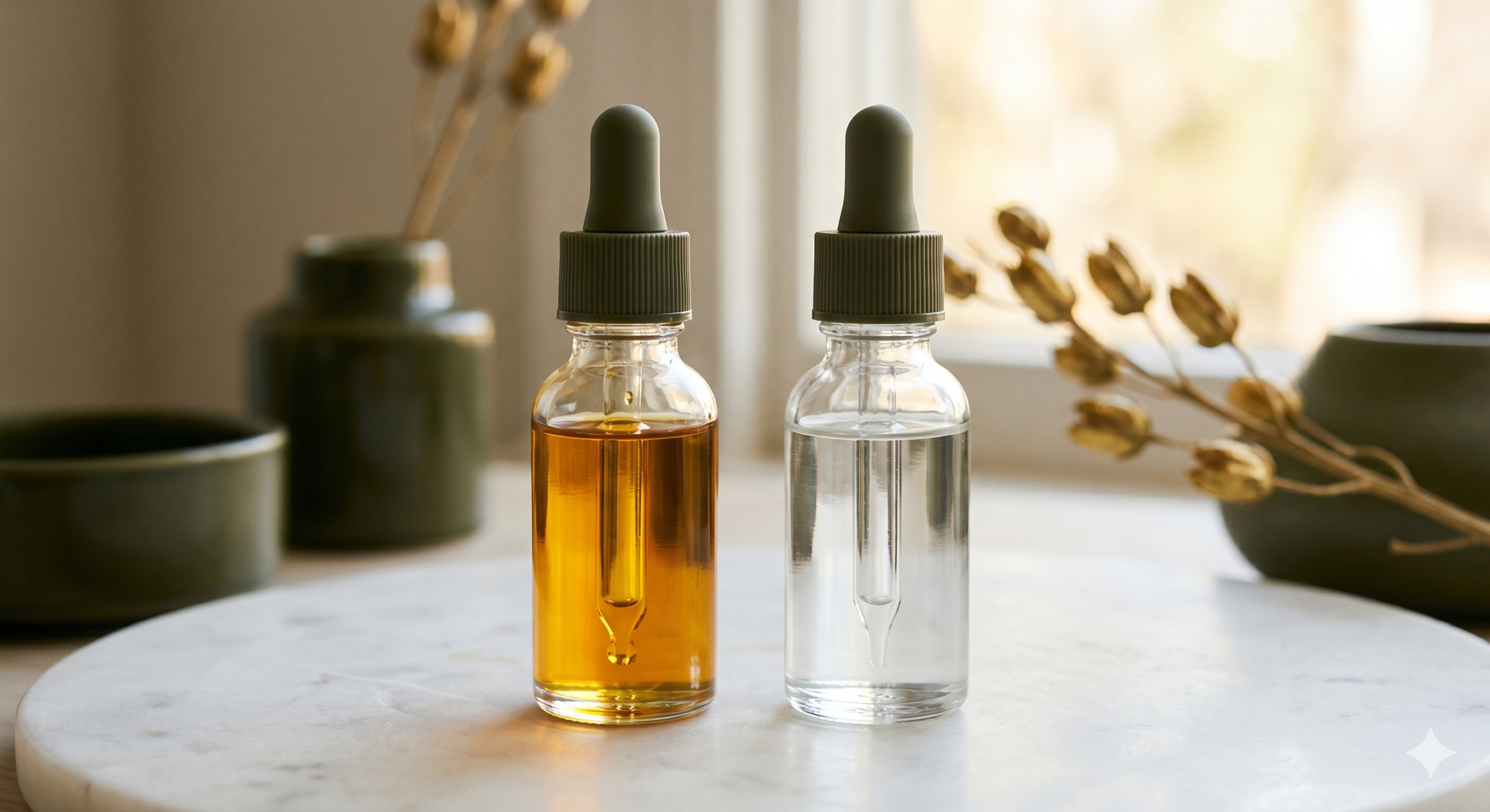 Two cannabis oil droppers side by side on a clean white surface, one filled with golden THC oil and one with clear CBD oil
