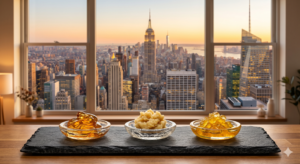 An editorial photograph showing cannabis distillate, live rosin, and live resin side by side on black slate with a view of the NYC skyline in the background through a well-lit apartment window.