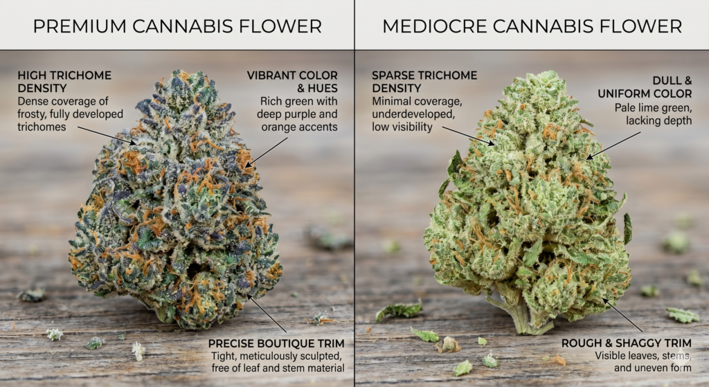 a Side-by-side photo grid of premium vs mediocre cannabis flower with annotations on trichome density, color, and trim
