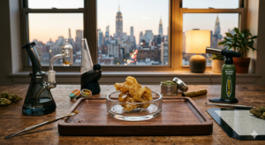 cannabis rosin in a glass bowl on a wooden tray, surrounded by a torch, dab kit and other paraphernalia surrounding it.