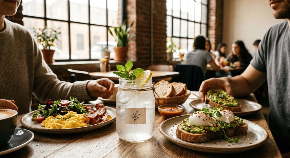 brunch table with eggs, avocado toast, and a cannabis seltzer in a mason jar, warm morning light streaming through cafe windows