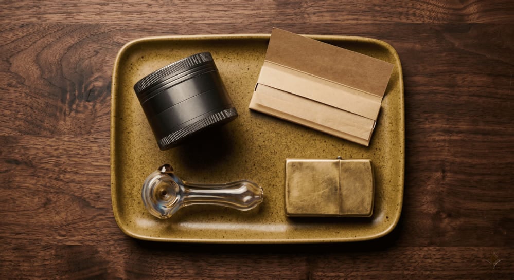a four-piece metal grinder, unbleached rolling papers, a brass lighter, and a small glass pipe arranged on a dark walnut wood surface
