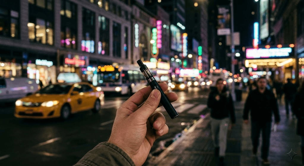 man holding vaping pen in NYC at night