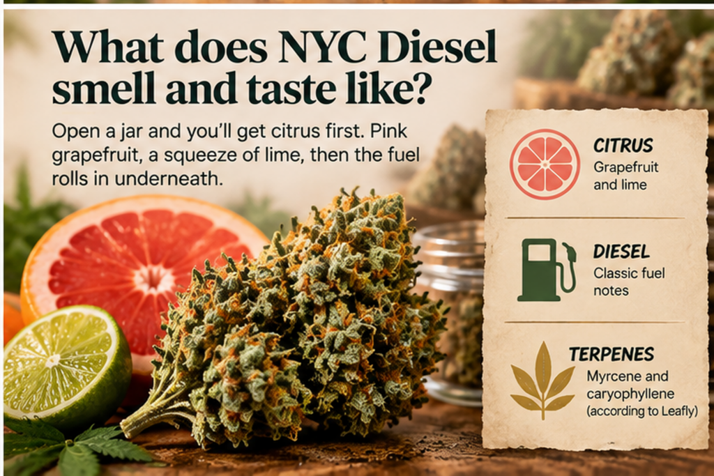 A half grape fruit and lime with flower to describe NYC diesel taste and smell