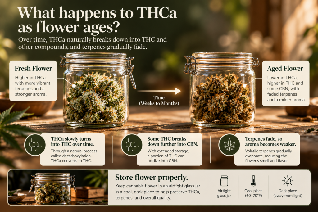 Illustration of what happens to THCa when flower ages