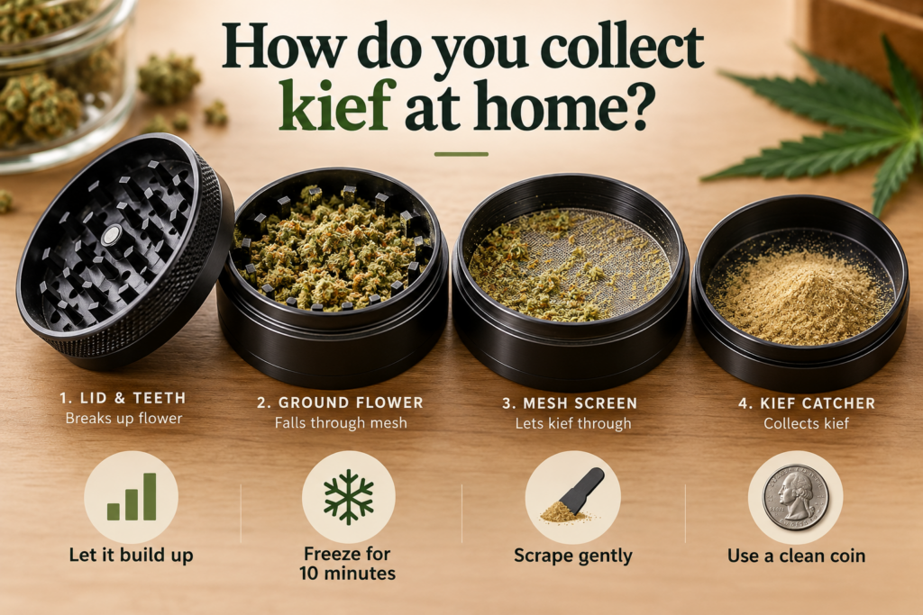 Illustration showing how to collect kief in grinders.