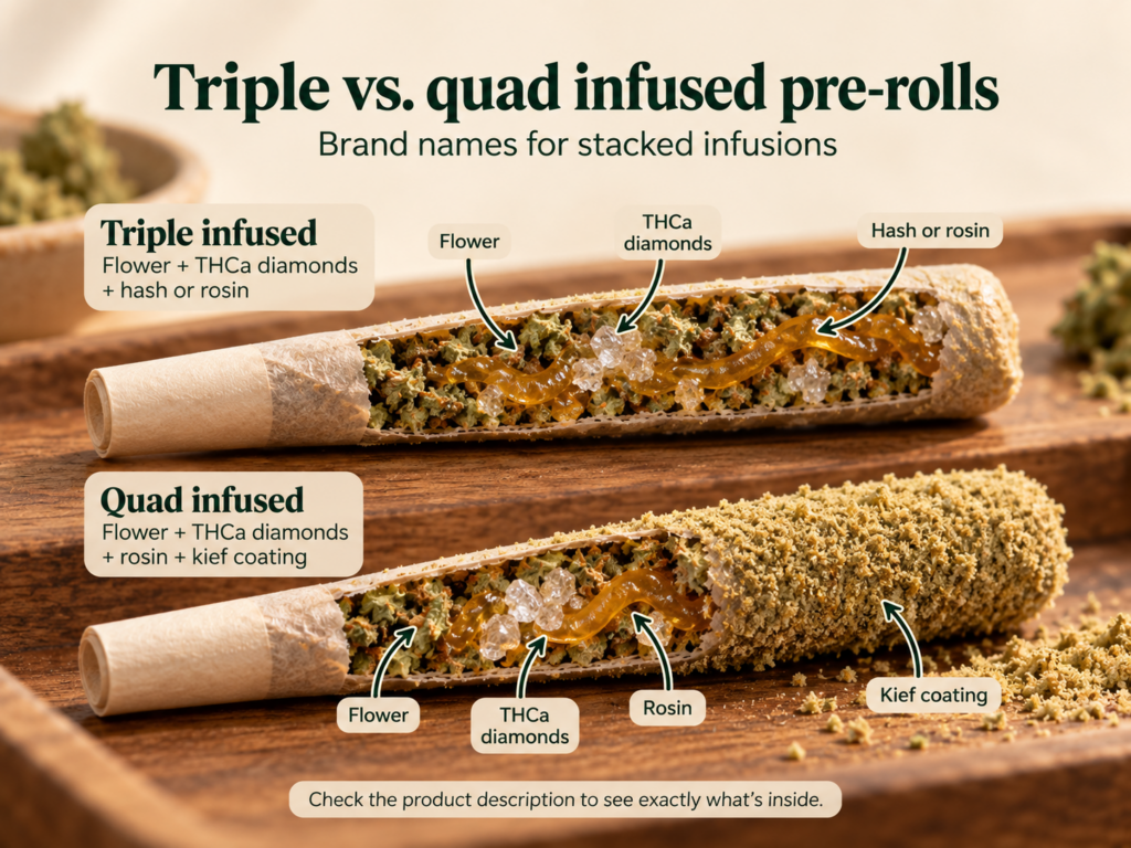 An image showing the difference between triple and quad infused pre rolls