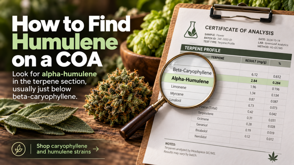Humulene detailed doc with flower and cannabis accents
